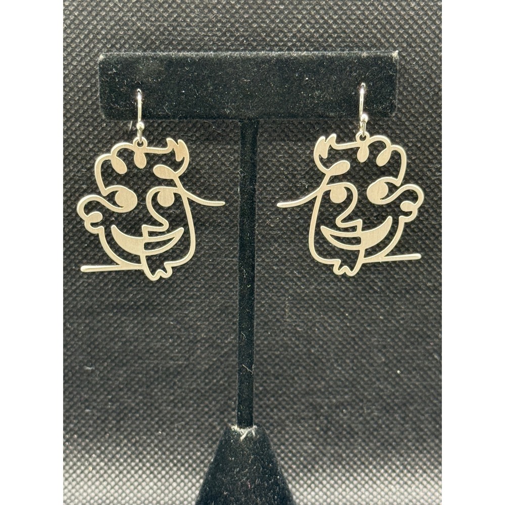 Abstract Face Drop Earrings Silver Tone Line Art Picasso Style Whimsical Dangle